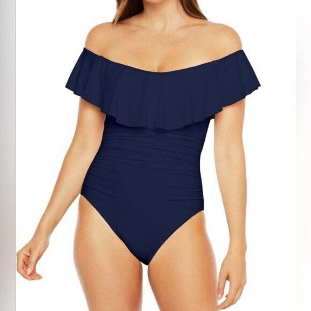 NWT La Blanca Women's Navy Off Shoulder Ruffled One Piece Swimsuit Size 4